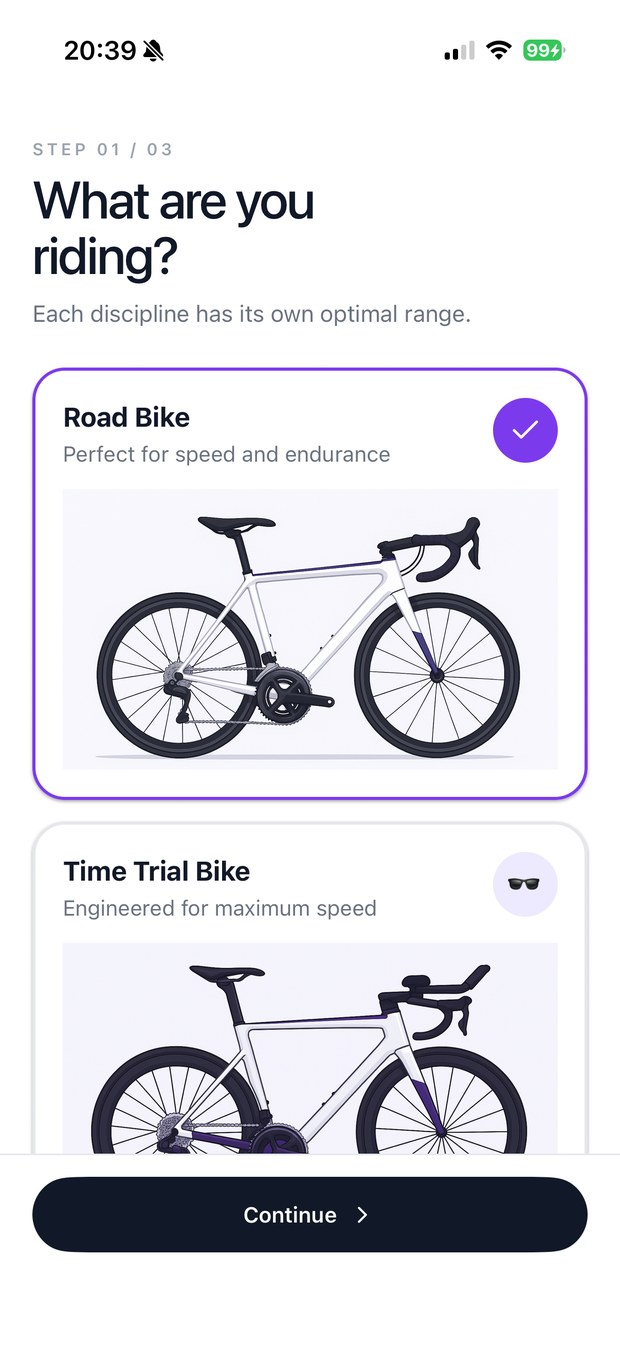 Velora's bike selection screen, with Road Bike chosen.