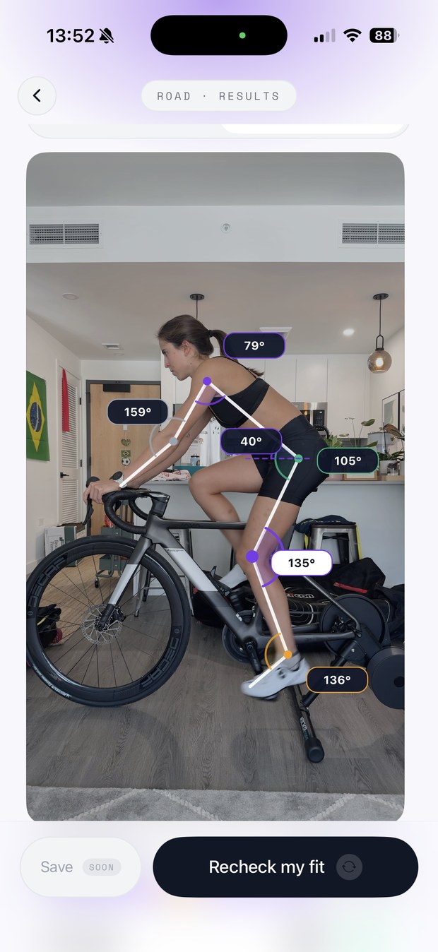 The evidence view: the captured pedal stroke with joint angles drawn over the rider.